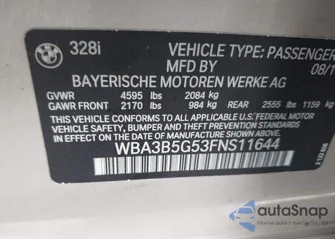 2015 BMW 328I xDrive из США, поврежденный, VIN WBA3B5G53FNS11644